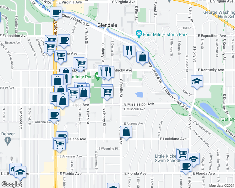 map of restaurants, bars, coffee shops, grocery stores, and more near 4701 East Mississippi Avenue in Glendale