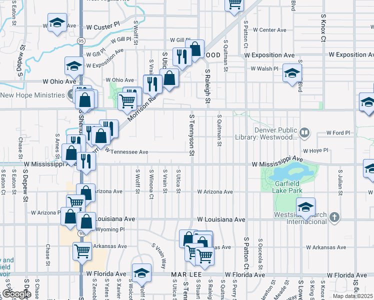 map of restaurants, bars, coffee shops, grocery stores, and more near 1060 South Tennyson Street in Denver