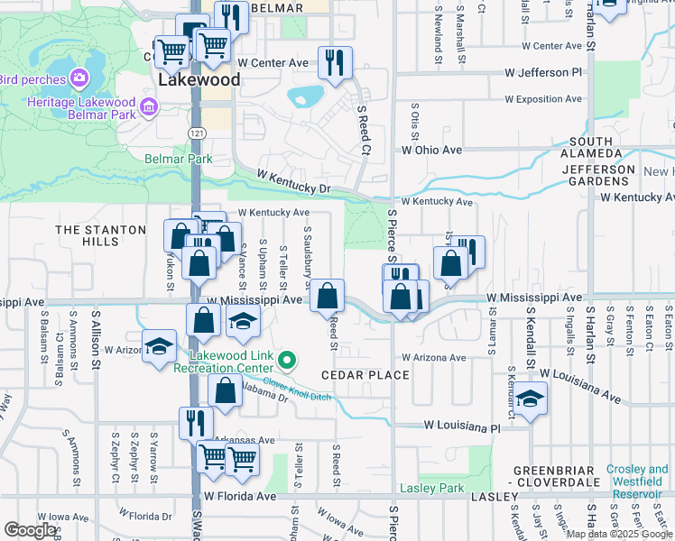map of restaurants, bars, coffee shops, grocery stores, and more near 1054 South Reed Street in Lakewood