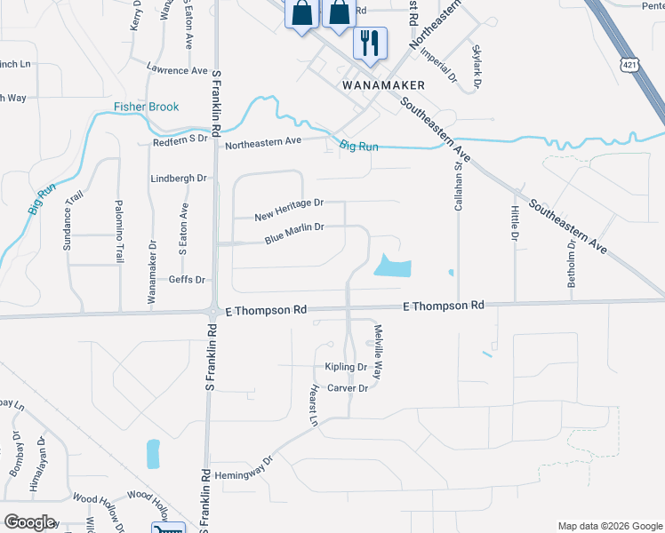map of restaurants, bars, coffee shops, grocery stores, and more near 4934 Black Marlin Drive in Indianapolis