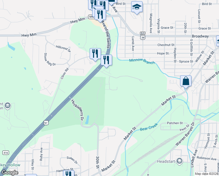 map of restaurants, bars, coffee shops, grocery stores, and more near 704 Huckleberry Heights Drive in Hannibal