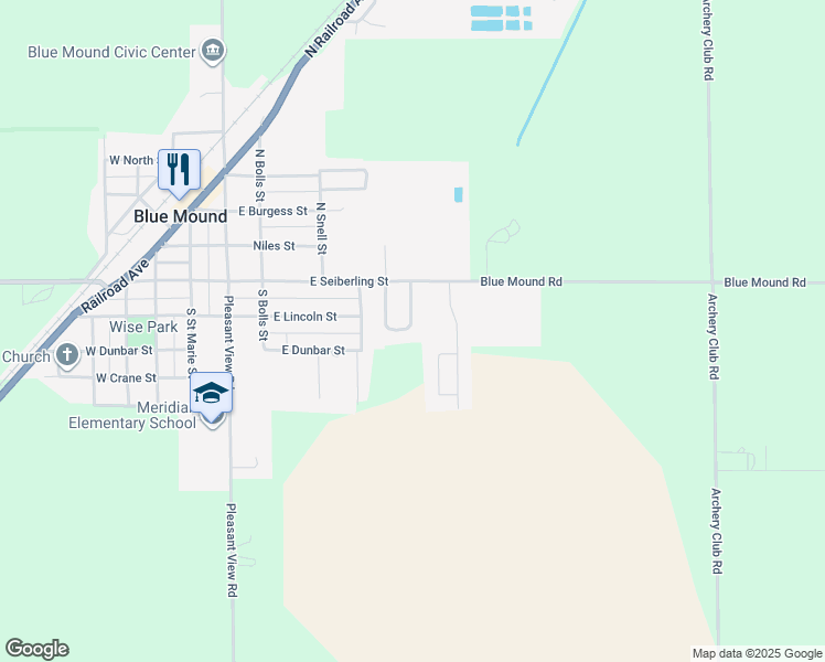 map of restaurants, bars, coffee shops, grocery stores, and more near 143 South Sunnyside Drive in Blue Mound
