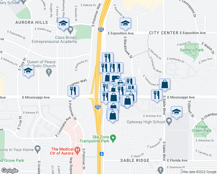 map of restaurants, bars, coffee shops, grocery stores, and more near 13801 East Mississippi Avenue in Aurora