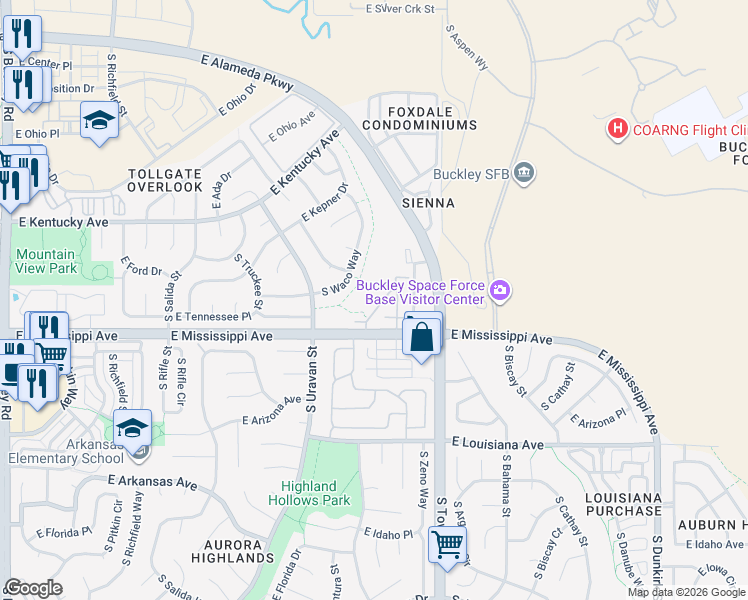 map of restaurants, bars, coffee shops, grocery stores, and more near 1059 South Walden Way in Aurora