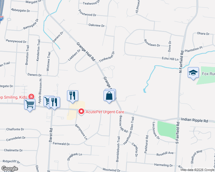 map of restaurants, bars, coffee shops, grocery stores, and more near 143 Grange Hall Road in Beavercreek