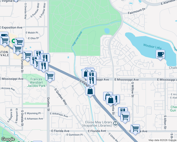 map of restaurants, bars, coffee shops, grocery stores, and more near 7901 East Mississippi Avenue in Denver