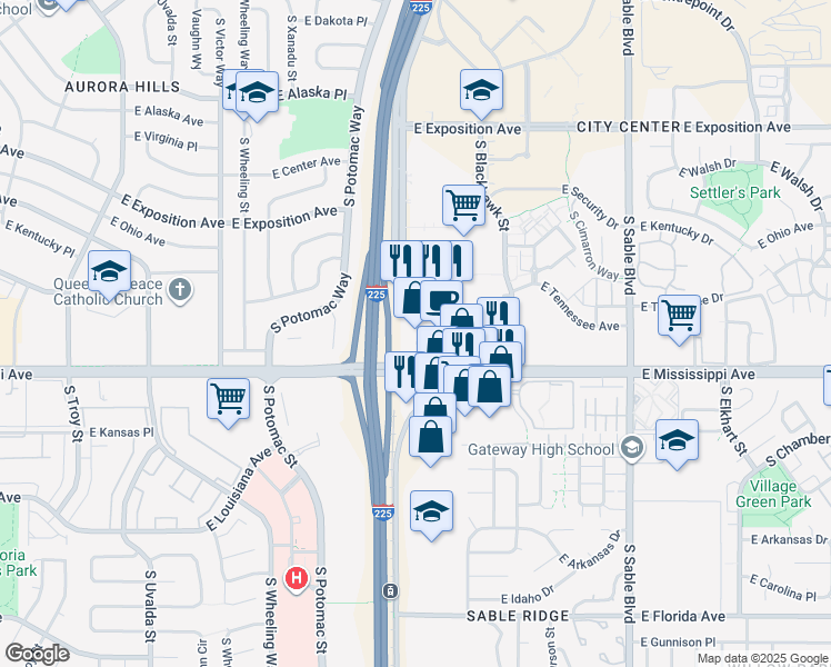 map of restaurants, bars, coffee shops, grocery stores, and more near 13801 East Mississippi Avenue in Aurora