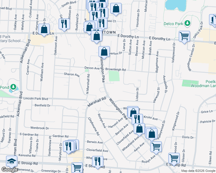 map of restaurants, bars, coffee shops, grocery stores, and more near 3308 Wilmington Pike in Dayton