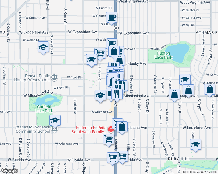 map of restaurants, bars, coffee shops, grocery stores, and more near in Denver