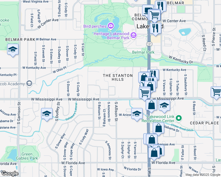 map of restaurants, bars, coffee shops, grocery stores, and more near 1020 South Ammons Circle in Lakewood