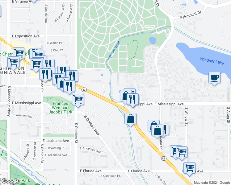 map of restaurants, bars, coffee shops, grocery stores, and more near 7865 East Mississippi Avenue in Denver