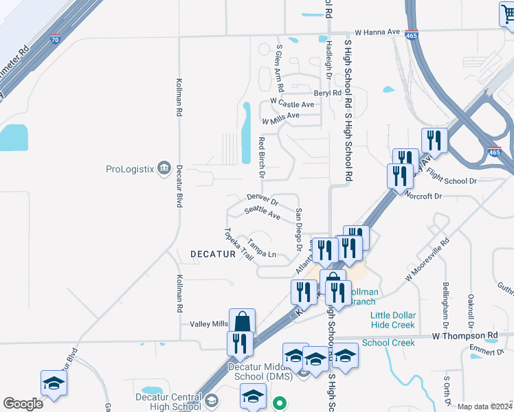 map of restaurants, bars, coffee shops, grocery stores, and more near 6536 Seattle Avenue in Indianapolis