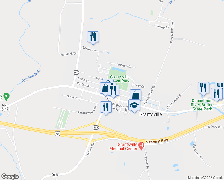 map of restaurants, bars, coffee shops, grocery stores, and more near 164 Miller Street in Grantsville