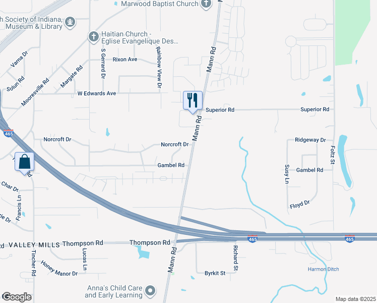 map of restaurants, bars, coffee shops, grocery stores, and more near 4534 Mann Road in Indianapolis