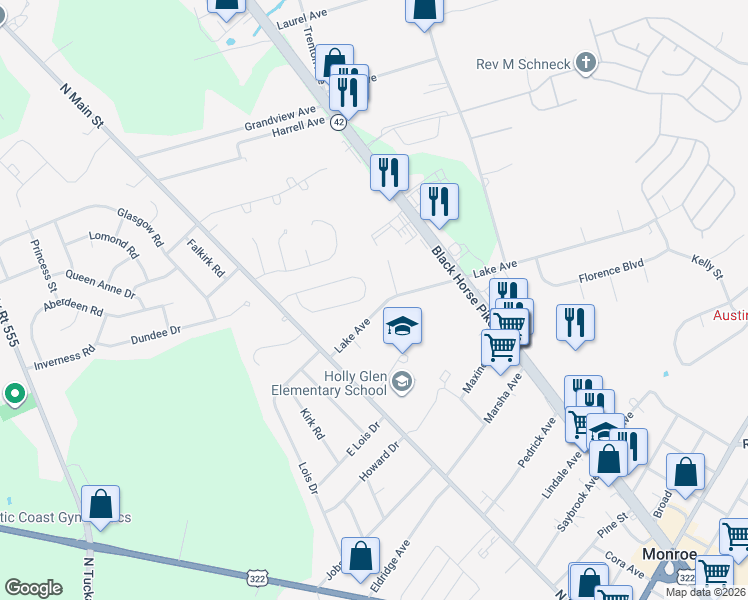 map of restaurants, bars, coffee shops, grocery stores, and more near 33 Lake Avenue in Monroe