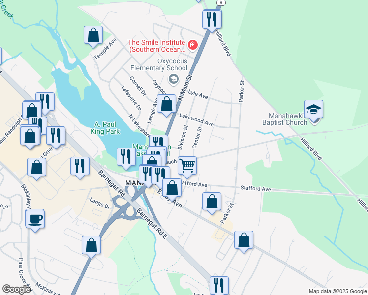 map of restaurants, bars, coffee shops, grocery stores, and more near 119 Division Street in Stafford Township
