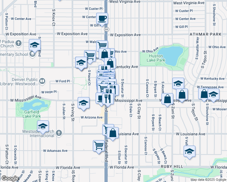 map of restaurants, bars, coffee shops, grocery stores, and more near 1041 South Eliot Street in Denver