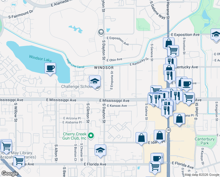 map of restaurants, bars, coffee shops, grocery stores, and more near 987 South Emporia Street in Denver