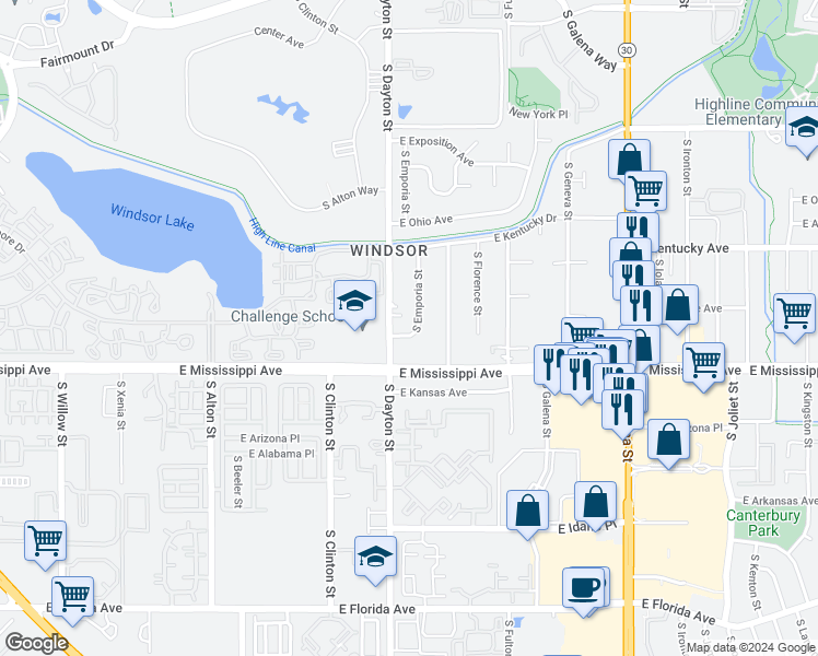 map of restaurants, bars, coffee shops, grocery stores, and more near 987 South Emporia Street in Denver