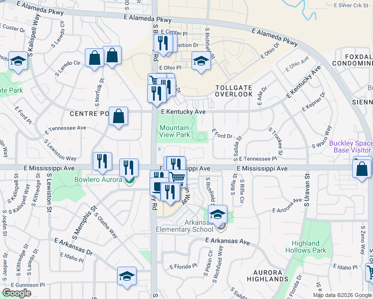map of restaurants, bars, coffee shops, grocery stores, and more near 961 South Pitkin Court in Aurora