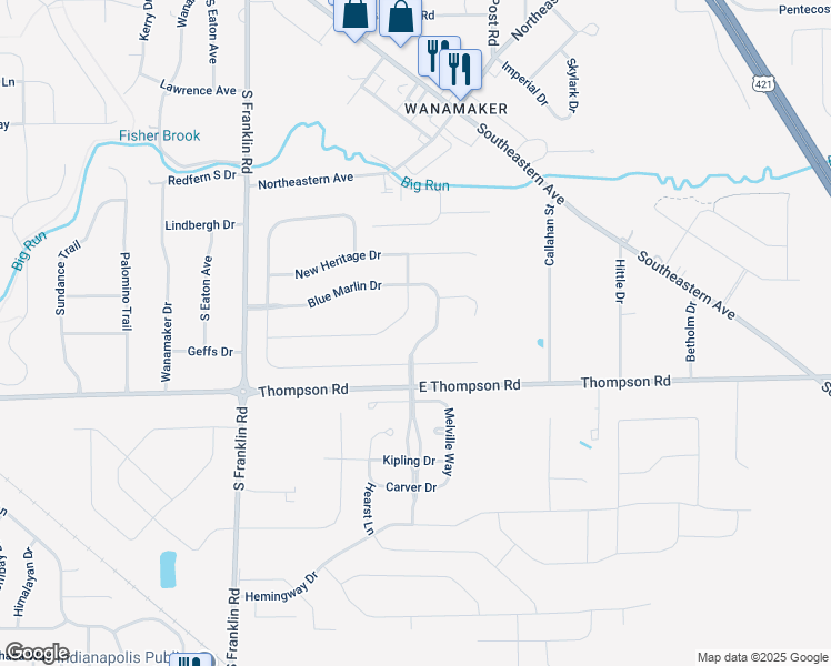 map of restaurants, bars, coffee shops, grocery stores, and more near 4934 Black Marlin Drive in Indianapolis