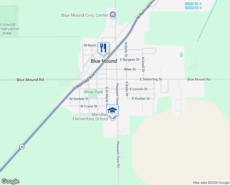 map of restaurants, bars, coffee shops, grocery stores, and more near 101-199 East Lincoln Street in Blue Mound