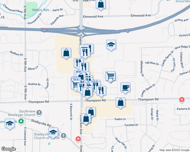 map of restaurants, bars, coffee shops, grocery stores, and more near 4805 South Emerson Avenue in Indianapolis