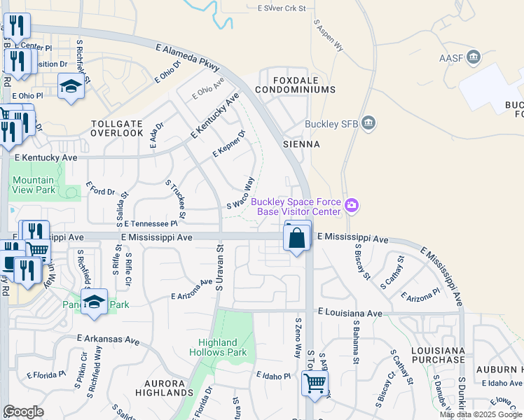 map of restaurants, bars, coffee shops, grocery stores, and more near 1059 South Walden Way in Aurora