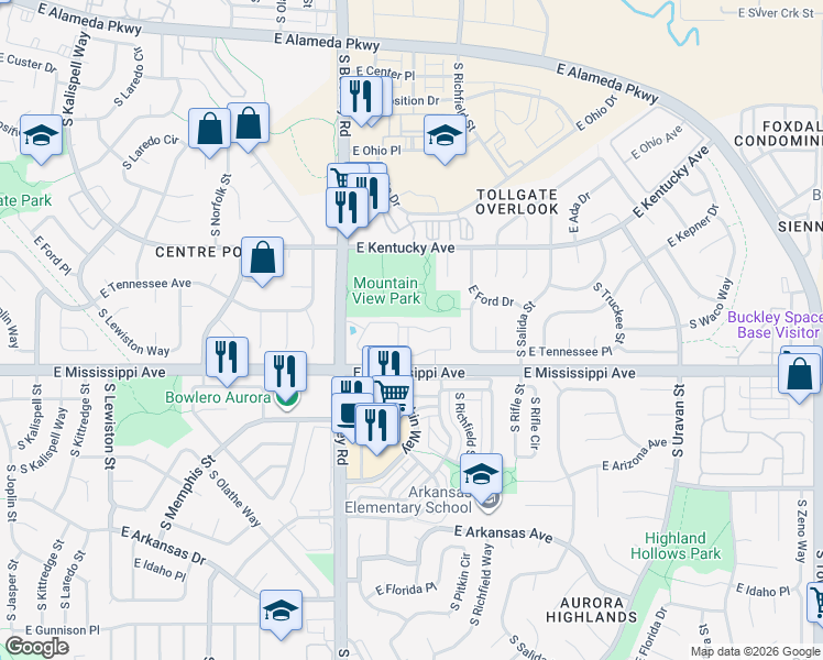 map of restaurants, bars, coffee shops, grocery stores, and more near 961 South Pitkin Court in Aurora