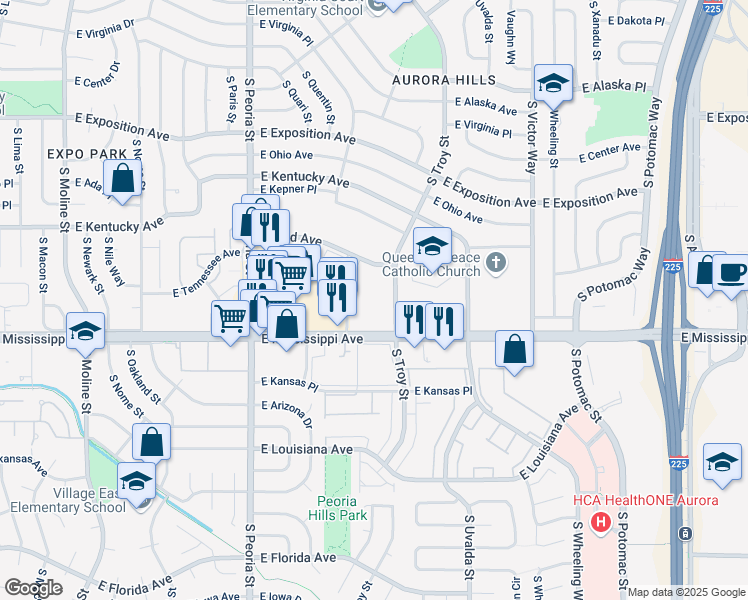 map of restaurants, bars, coffee shops, grocery stores, and more near 1904 South Salem Street in Aurora