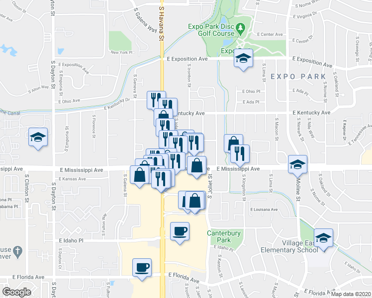 map of restaurants, bars, coffee shops, grocery stores, and more near 1073 South Ironton Street in Aurora
