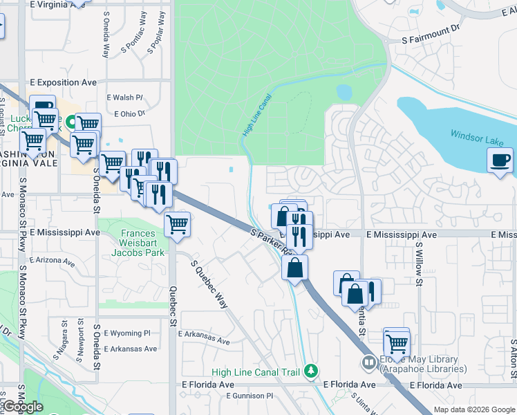 map of restaurants, bars, coffee shops, grocery stores, and more near 7865 East Mississippi Avenue in Denver