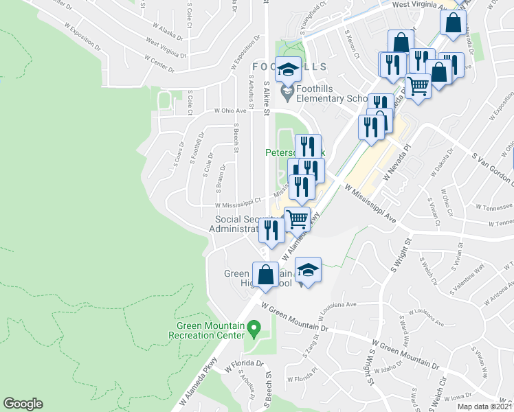 map of restaurants, bars, coffee shops, grocery stores, and more near 1022 South Arbutus Street in Lakewood