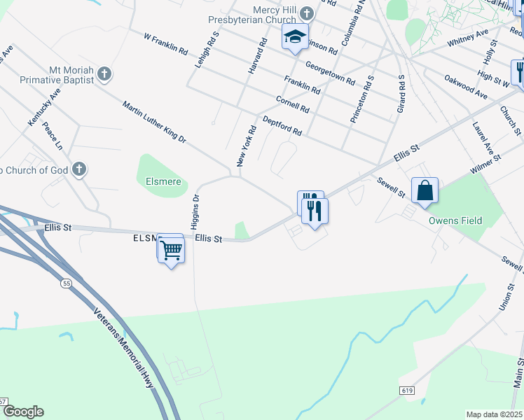 map of restaurants, bars, coffee shops, grocery stores, and more near 737 Ellis Street in Glassboro