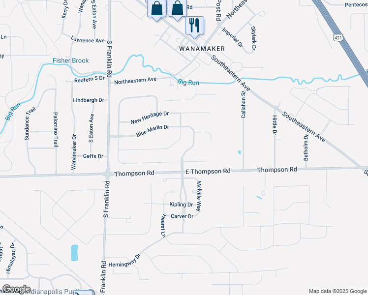map of restaurants, bars, coffee shops, grocery stores, and more near 4934 Black Marlin Drive in Indianapolis