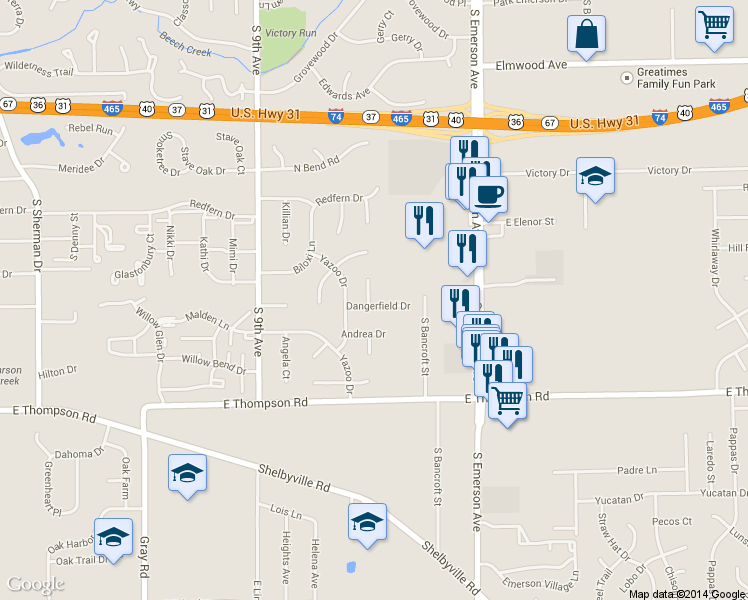 map of restaurants, bars, coffee shops, grocery stores, and more near 420 Dangerfield Drive in Beech Grove