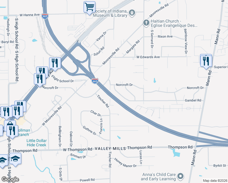 map of restaurants, bars, coffee shops, grocery stores, and more near 5425 Gambel Road in Indianapolis