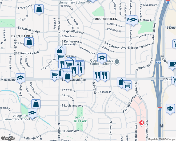 map of restaurants, bars, coffee shops, grocery stores, and more near 12707 East Mississippi Avenue in Aurora