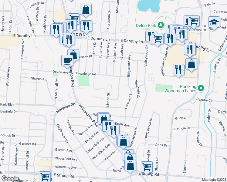map of restaurants, bars, coffee shops, grocery stores, and more near 1716 Beaver Ridge Drive in Kettering