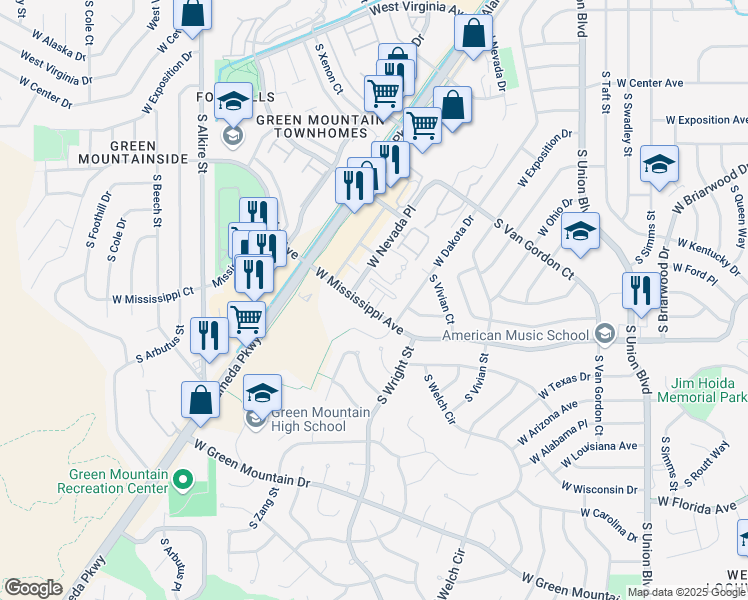 map of restaurants, bars, coffee shops, grocery stores, and more near 12641 West Mississippi Avenue in Lakewood