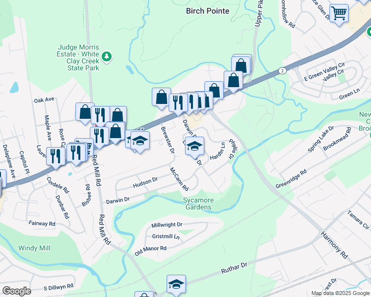 map of restaurants, bars, coffee shops, grocery stores, and more near 1 Doe Lane in Newark