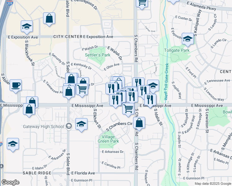 map of restaurants, bars, coffee shops, grocery stores, and more near 15141 East Mississippi Avenue in Aurora