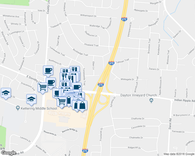 map of restaurants, bars, coffee shops, grocery stores, and more near 2951 Thames Lane in Beavercreek