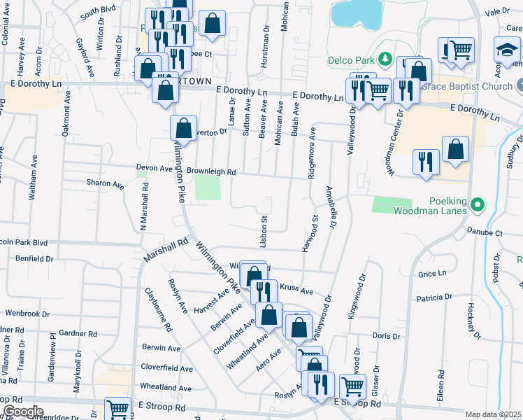 map of restaurants, bars, coffee shops, grocery stores, and more near 3317 Lisbon Street in Kettering