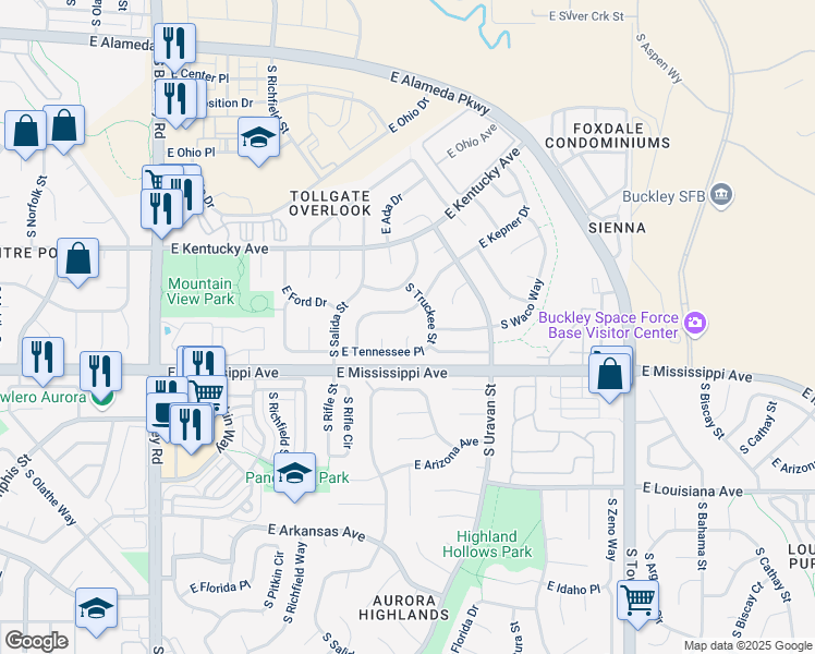 map of restaurants, bars, coffee shops, grocery stores, and more near 990 South Telluride Street in Aurora