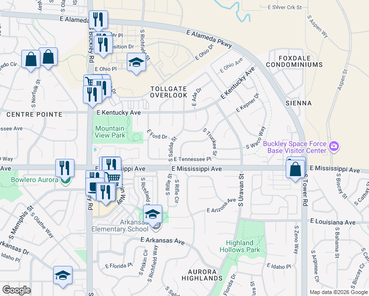 map of restaurants, bars, coffee shops, grocery stores, and more near 17611 East Tennessee Place in Aurora