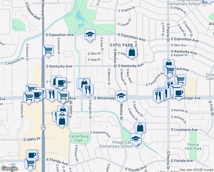 map of restaurants, bars, coffee shops, grocery stores, and more near 1063 South Macon Way in Aurora