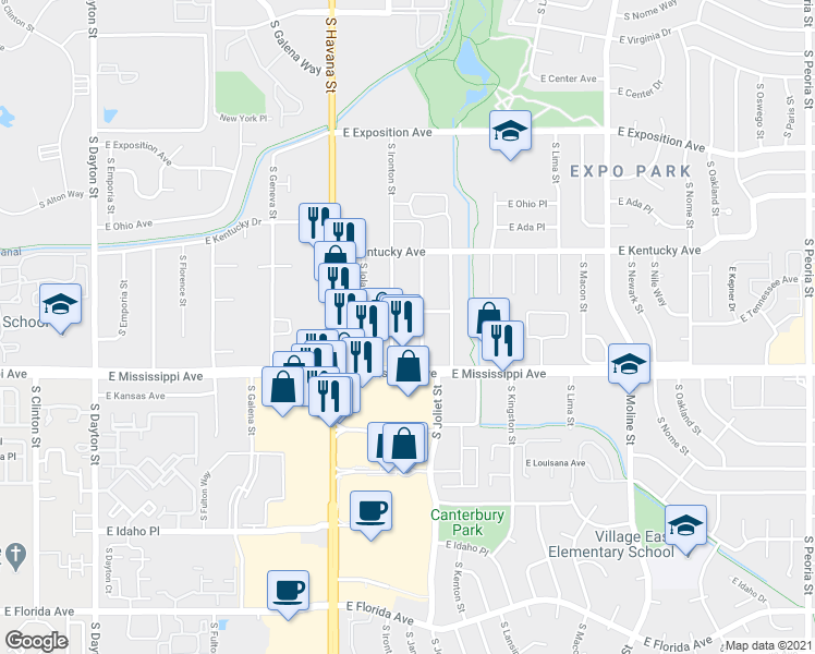 map of restaurants, bars, coffee shops, grocery stores, and more near 1073 South Ironton Street in Aurora