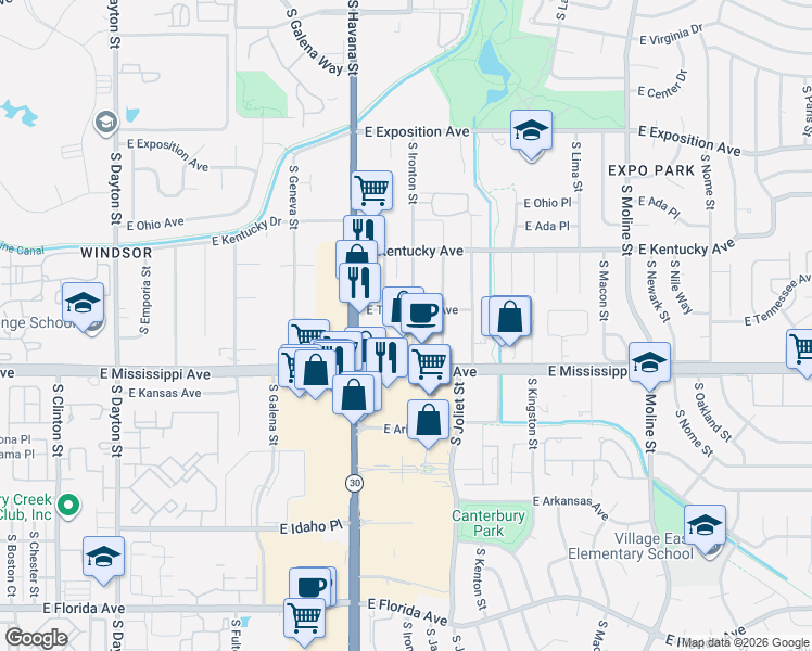 map of restaurants, bars, coffee shops, grocery stores, and more near 1073 South Ironton Street in Aurora