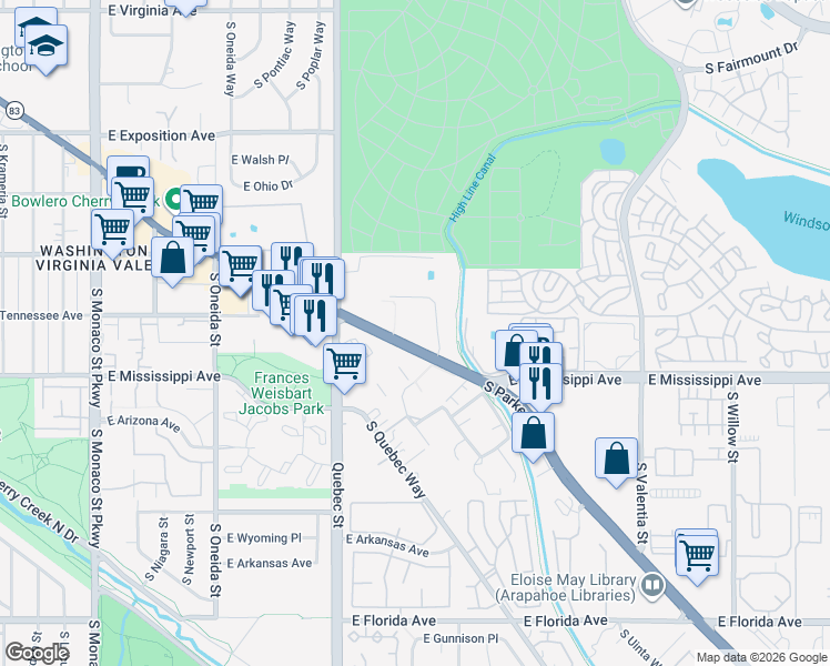 map of restaurants, bars, coffee shops, grocery stores, and more near 1060 Colorado 83 in Denver